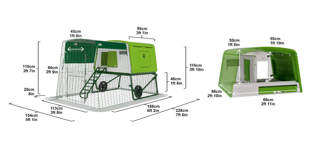 Vert Eglu Cube poulailler avec dimensions sur fond blanc.