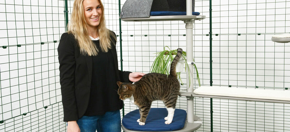 Fille caressant son chat qui joue sur l'arbre à chat extérieur Freestyle