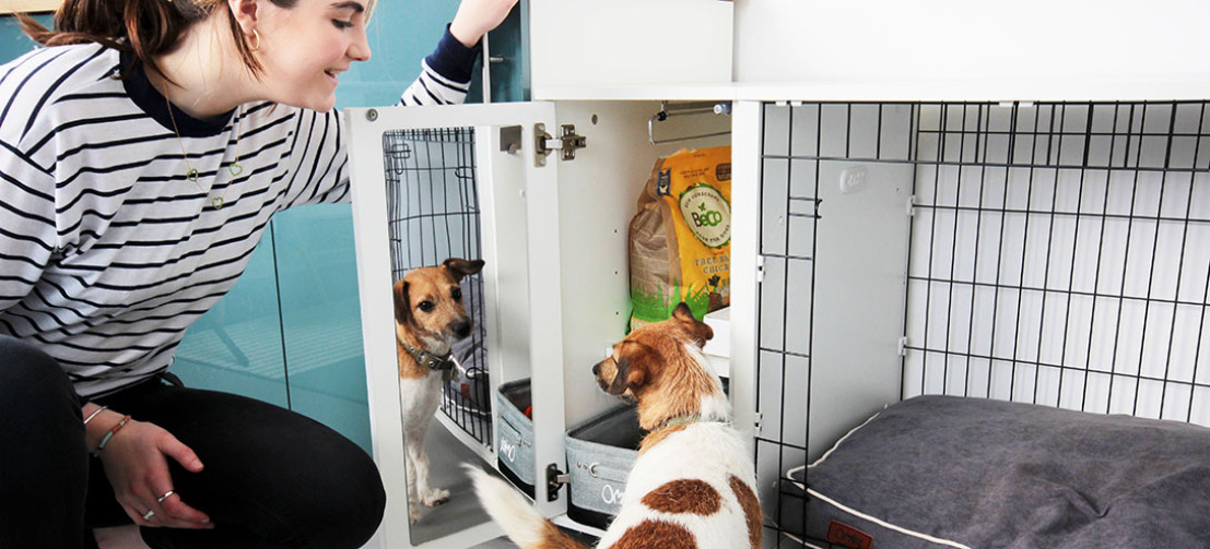 La niche Omlet Fido Studio est très pratique : le placard vous permet de ranger les affaires de votre chien !