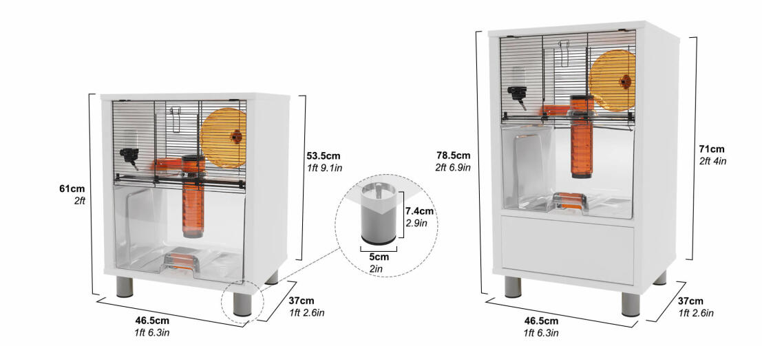 Les dimensions de la cage Qute, avec et sans rangement.