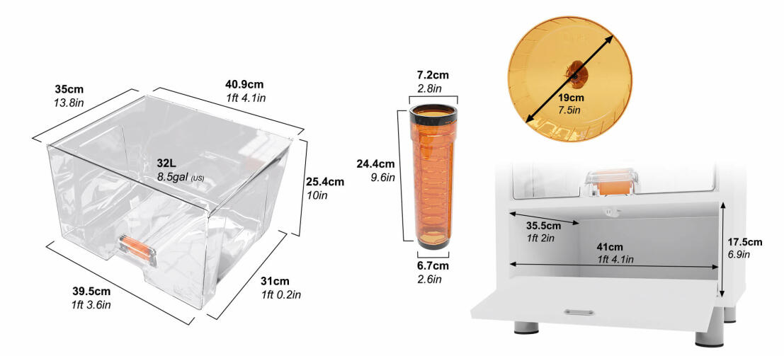 Dimensions des accessoires inclus dans la cage Qute.