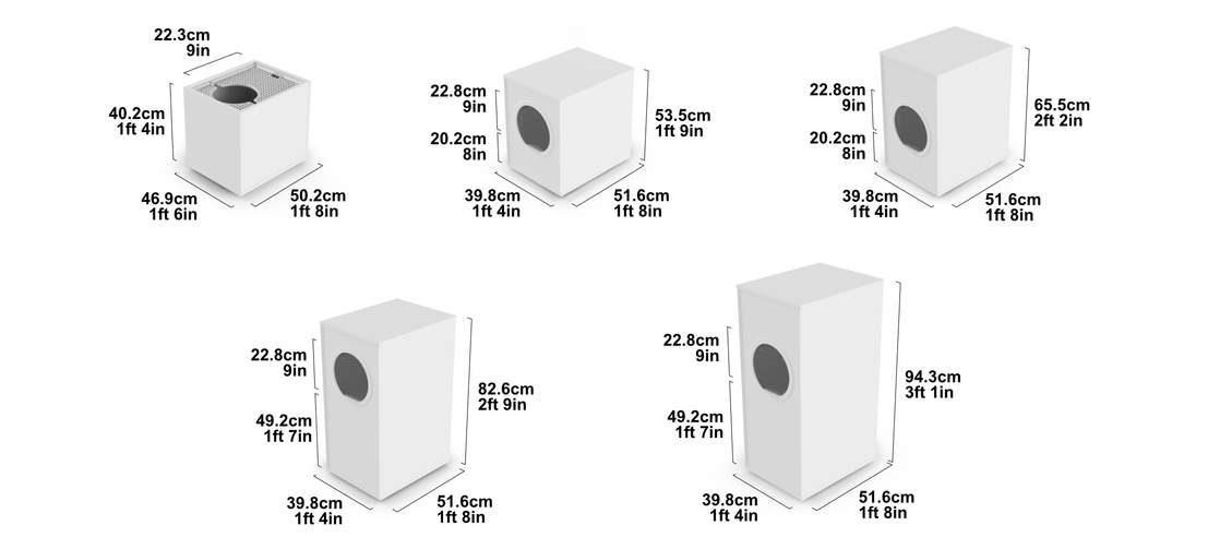 Une image affichant toutes les dimensions du bac à litière pour chats Maya 