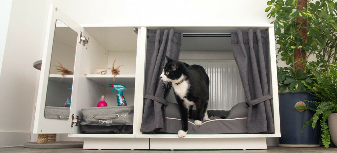 La somptueuse Niche pour Chats Maya Nook, disponible en deux tailles, peut être équipée d'un placard et de rideaux qui créeront une atmosphère confinée pour votre chat. La somptueuse Niche pour Chats Maya Nook, disponible en deux tailles, peut être équipée d'un placard et de rideaux qui créeront une atmosphère confinée pour votre chat.