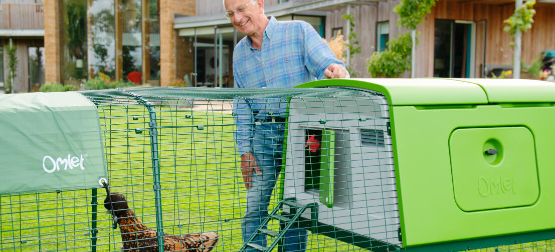 Homme avec un grand poulailler Eglu dans un jardin