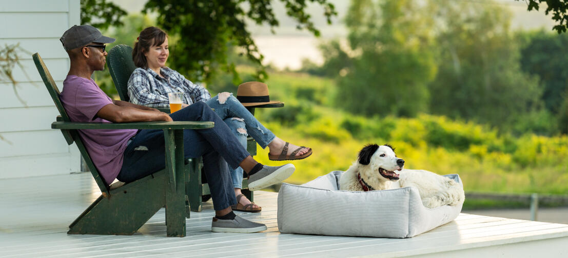 Chien se reposant sur un nid douillet pour chien en imprimé Corduroy Pebble sous le porche, avec ses maîtres assis derrière lui sur des chaises en bois.