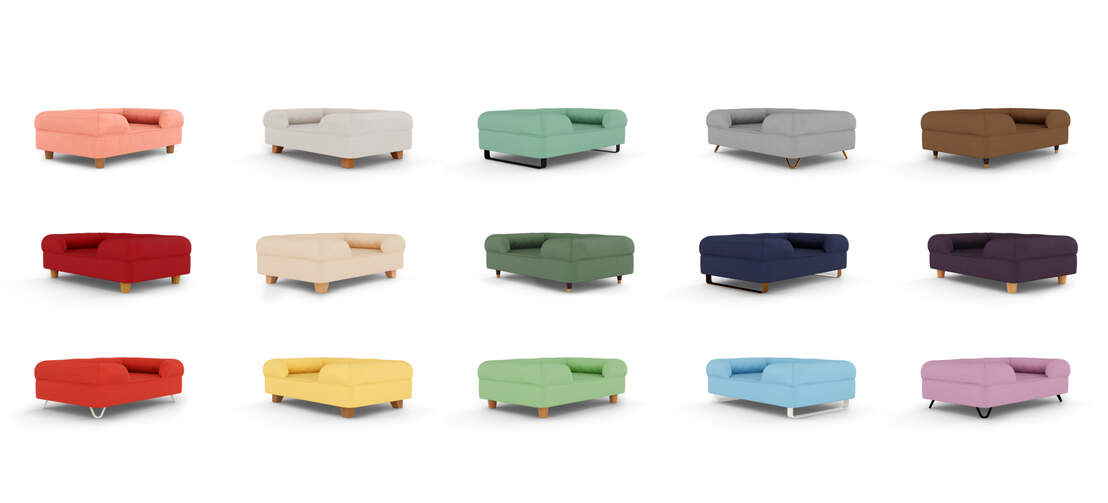 Gamme complète de 15 couleurs du lit pour chien en mousse à mémoire de forme Bolster.