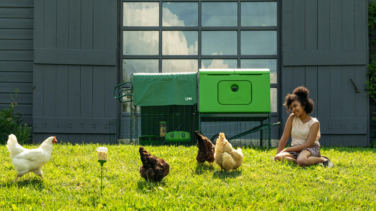 Femme assise sur l'herbe à côté de son poulailler, regardant ses poules s'ébattre