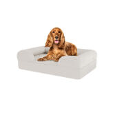 Chien assis sur un lit pour chien en mousse à mémoire de forme meringue moyenne blanche