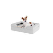 Chien assis sur une petite pierre lit pour chien gris en mousse à mémoire de forme traversière
