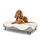 Chien assis sur un lit pour chien en mousse à mémoire de forme Topology avec surmatelas en peau de mouton facile à nettoyer et pieds noirs en épingle à cheveux.