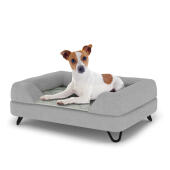 Chien assis sur un petit lit pour chien Topology avec traversin gris et pieds en épingle à cheveux en métal noir