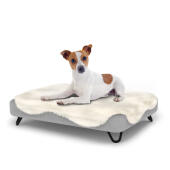 Chien assis sur un petit lit pour chien Topology avec surmatelas en peau de mouton et pieds en épingle à cheveux en métal noir.
