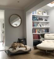 Un chien se reposant sur son lit gris