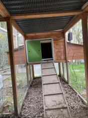 Trappe à poules sur le poulailler en bois