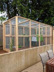 Un grand enclos pour nos poulets avec un Eglu Cube à l'intérieur