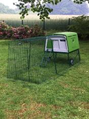 Un poulailler vert avec un parcours de 3m dans le jardin