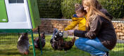 Mère et fille s'occupant de poulets