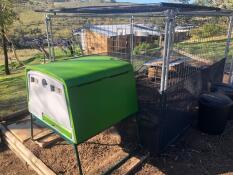 Un grand poulailler vert Cube auquel est attaché un parcours en métal