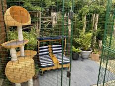 Un catio installé avec des chaises et de nombreux accessoires pour chats