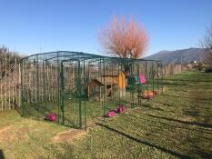 Un grand parcours avec un poulailler en bois à l'intérieur et des manGeoires attachées.