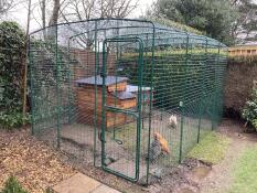 Un parcours dans un jardin, avec un poulailler en bois à l'intérieur