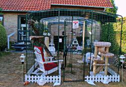 Un grand parcours aménagé pour les chats avec beaucoup de jouets et d'accessoires dans un jardin