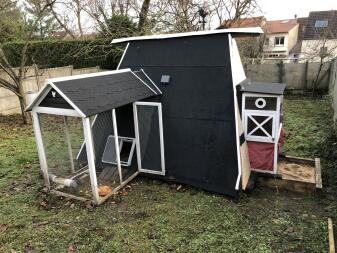 Omlet porte de poulailler automatique grise fixée au poulailler en bois