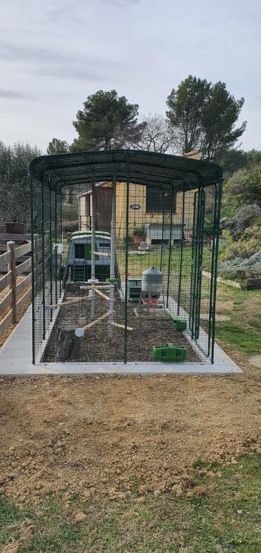 Poulailler installé sur pourtour en béton pour permettre une tonte facile sans abîmer le grillage avec le fil