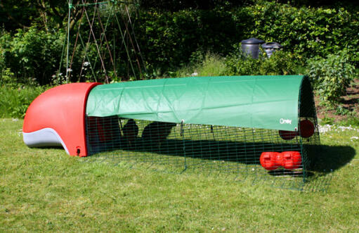 Rouge Eglu Classic poulailler avec parcours et couverture verte sur toute la longueur pour faire de l'ombre dans le jardin