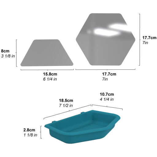 Les dimensions des miroirs et du bol d'eau du site Omlet.