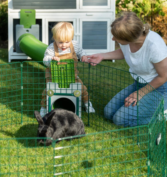 Fille et femme regardant un lapin dans un parc à lapins Zippi 