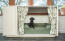 Un petit chien noir sur un lit à traversin vert à l'intérieur d'un Fido Studio avec une armoire attachée et des rideaux devant Un petit chien noir sur un lit à traversin vert à l'intérieur d'un Fido Studio avec une armoire attachée et des rideaux devant