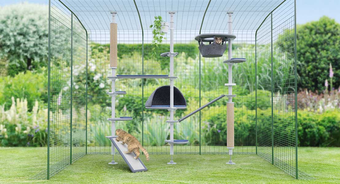 arbre à chat d’extérieur avec accessoires dans un enclos d’extérieur