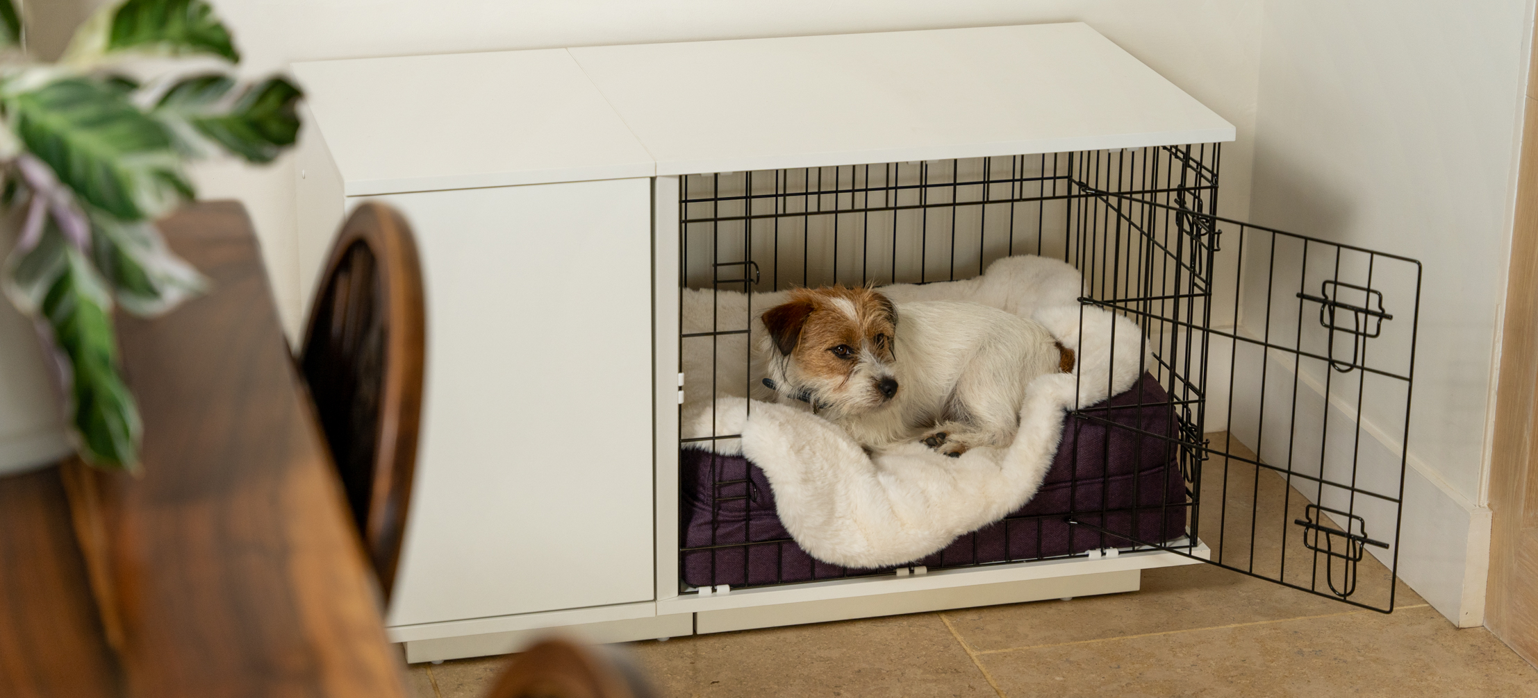 Jack Russell Terrier dans sa niche Fido avec une couverture de luxe en peau de mouton-id=