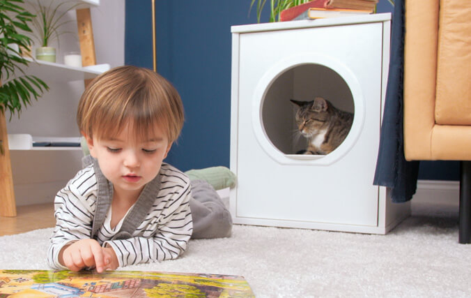 Chat qui se cache dans une niche pour chat avec un enfant en train de lire un livre