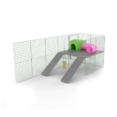 Plateformes Zippi pour lapins – pack de 4 panneaux avec abri vert, tunnel Zippi et distributeur de nourriture Caddi