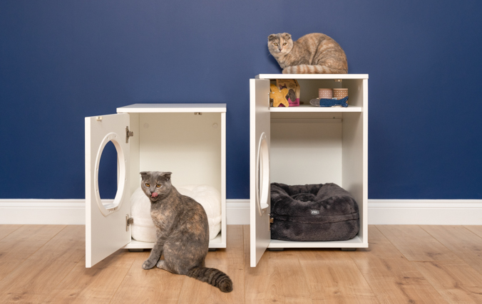 Deux chats à l’intérieur de la niche pour les chats avec la porte ouverte qui permet de voir l’étagère de rangement à l’intérieur