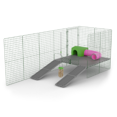 Plateformes Zippi pour cochons d'Inde – pack de 3 panneaux avec abri vert, tunnel Zippi et distributeur de nourriture Caddi
