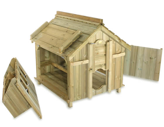 The Lenham chicken coop with side panel and nesting box removed.