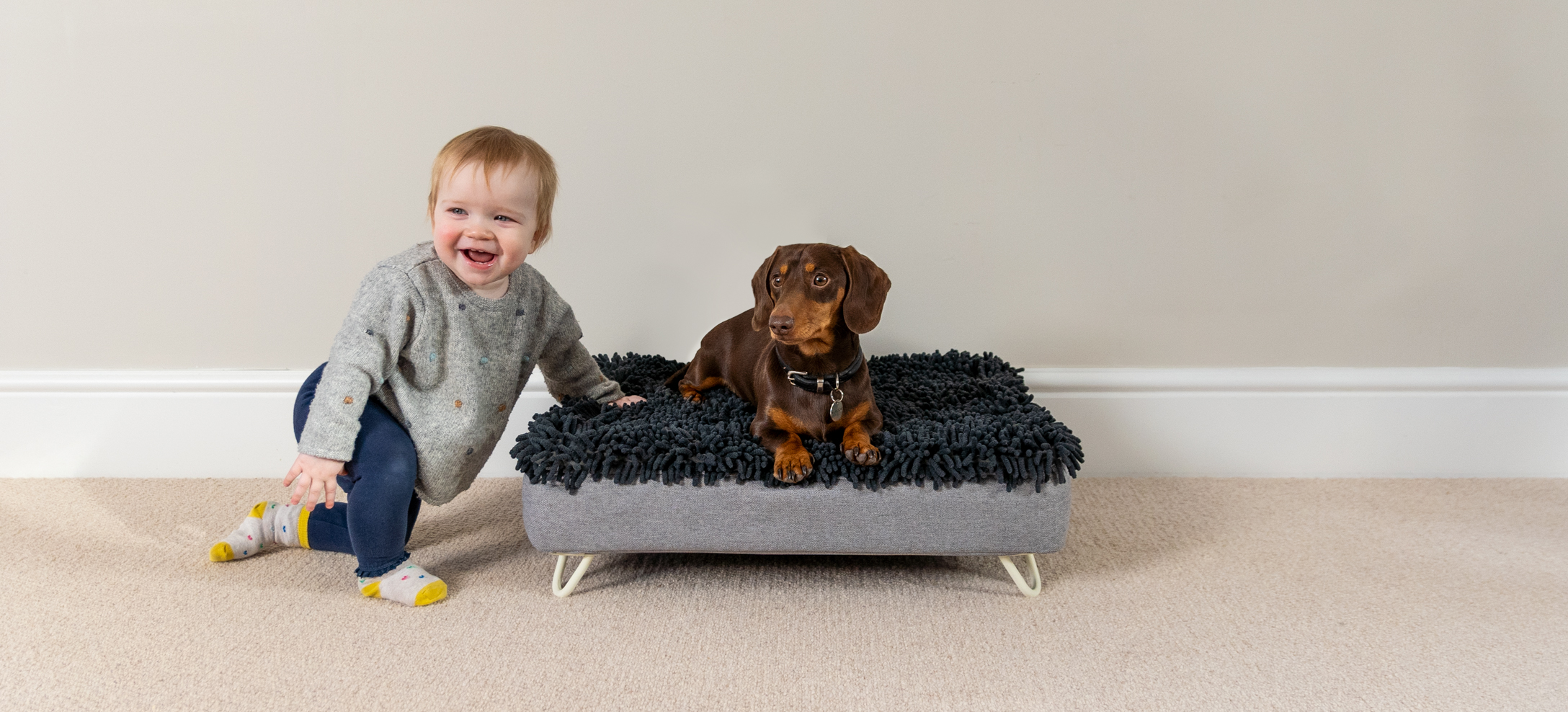 Baby and dachshund with Omlet's Topology Dog Bed